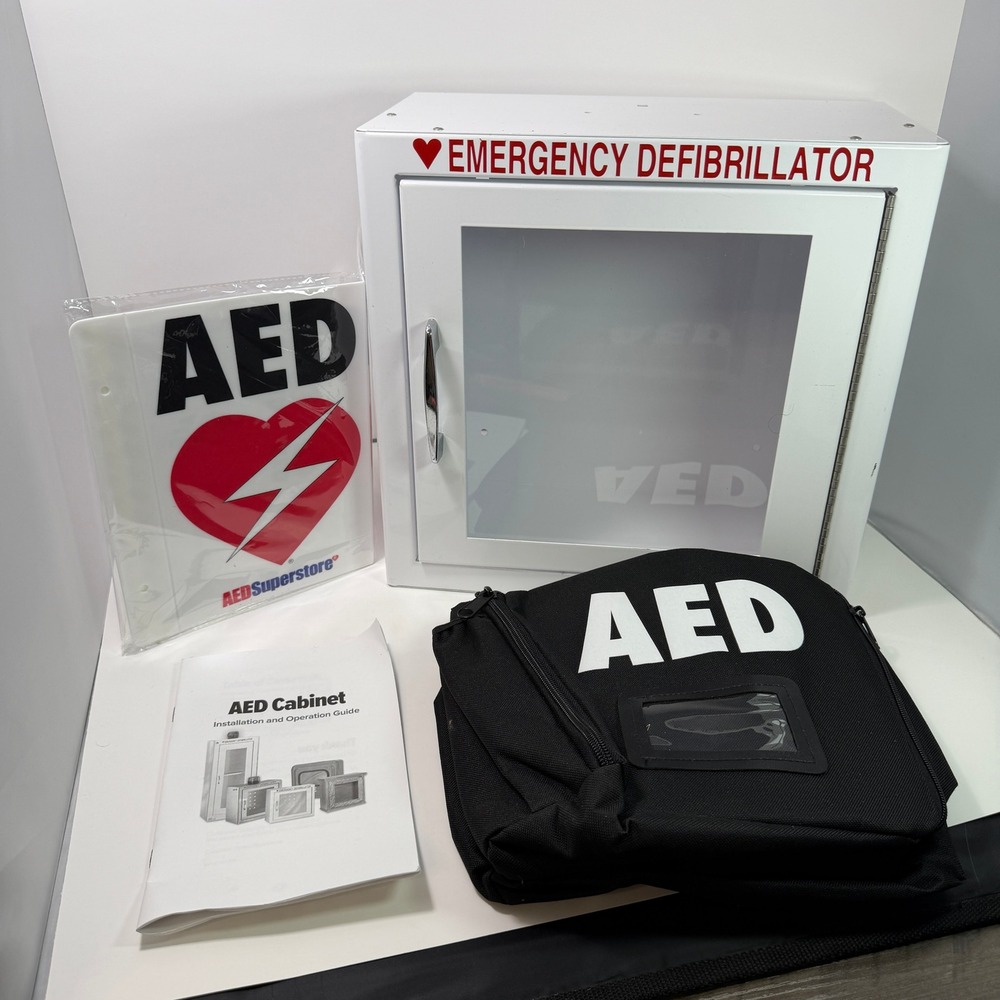 AED Emergency Defibrillator Wall Cabinet with Signs and Carry Bag